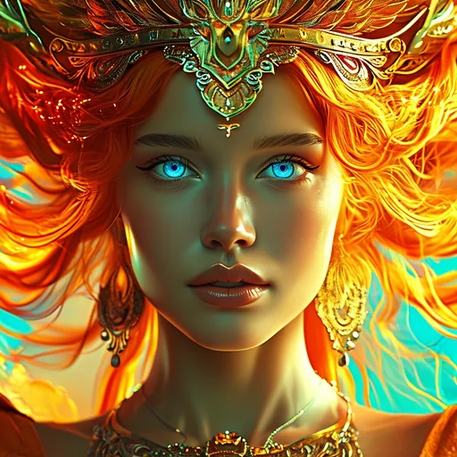 Prompt: Justicia, orange haired Roman Goddess Lady Justice, pre-Raphaelite time-lapse motion blur Abstract* cyber graffiti, High resolution, detailed portrait, Midjourney style, ethereal atmosphere, flowing hair, captivating eyes, cosmic mystical aura, vibrant colors, soft lighting, professional, digital painting, enchanting presence, fantasy, dreamy, female, mystical, detailed hair, captivating gaze, professional lighting, hyper realistic, HD 4k 3D, professional modeling, ethereal, gorgeous face, ambient divine glow, detailed and intricate, elegant, ethereal, mythical, goddess, radiant lighting, scales, sword, blindfold, phoenix