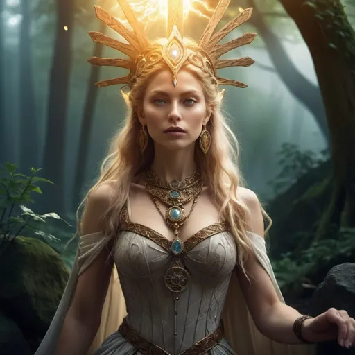 Prompt: tarot card Anime illustration, Baduhenna Norse Goddess of war, hyperrealistic dramatic lighting,HD 4k 3D 8k professional modeling photo, beautiful woman enchanted, sacred groves, full body surrounded by ambient glow, magical, highly detailed, intricate, outdoor  landscape, high fantasy background, elegant, mythical, surreal lighting, majestic, goddesslike aura, Annie Leibovitz style 