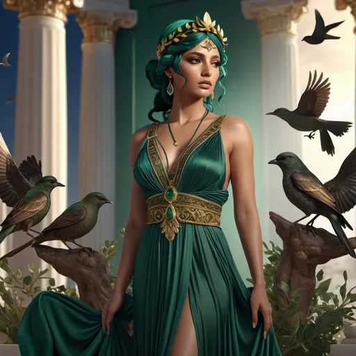 Prompt: HD 4k 3D, hyper realistic, professional modeling, ethereal Greek Muse of Song, dark green hair, brown skin, gorgeous face, grecian silk gown, ornate jewelry and headband, full body, embodiment of song, surrounded by birds, magic, Jupiter, detailed, elegant, ethereal, mythical, Greek, goddess, surreal lighting, majestic, goddesslike aura