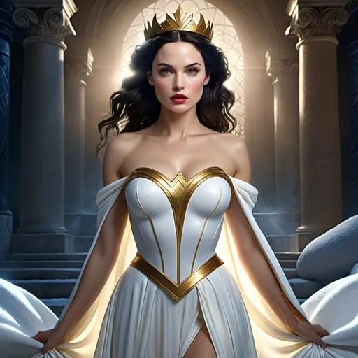 Prompt: HD 4k 3D 8k professional modeling photo hyper realistic beautiful woman Superhero Snow White Princess ethereal greek goddess gorgeous face full body surrounded by ambient glow, enchanted, magical, detailed, highly realistic woman, high fantasy background, elegant, mythical, surreal lighting, majestic, goddesslike aura, Annie Leibovitz style 

