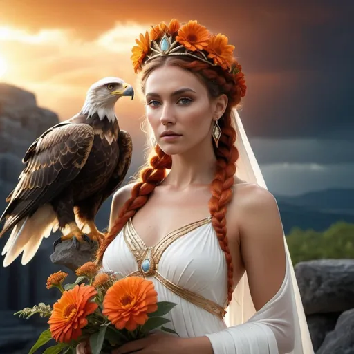 Prompt: HD 4k 3D, 8k, hyper realistic, professional modeling, ethereal Greek Goddess and Earth Mother, red crown braid, ivory skin, gorgeous face, mother earth zinnia dress, orange gemstone jewelry and headpiece, thunderstorm in background, holding a great eagle, surrounded by ambient divine glow, detailed, elegant, ethereal, mythical, Greek, goddess, surreal lighting, majestic, goddesslike aura