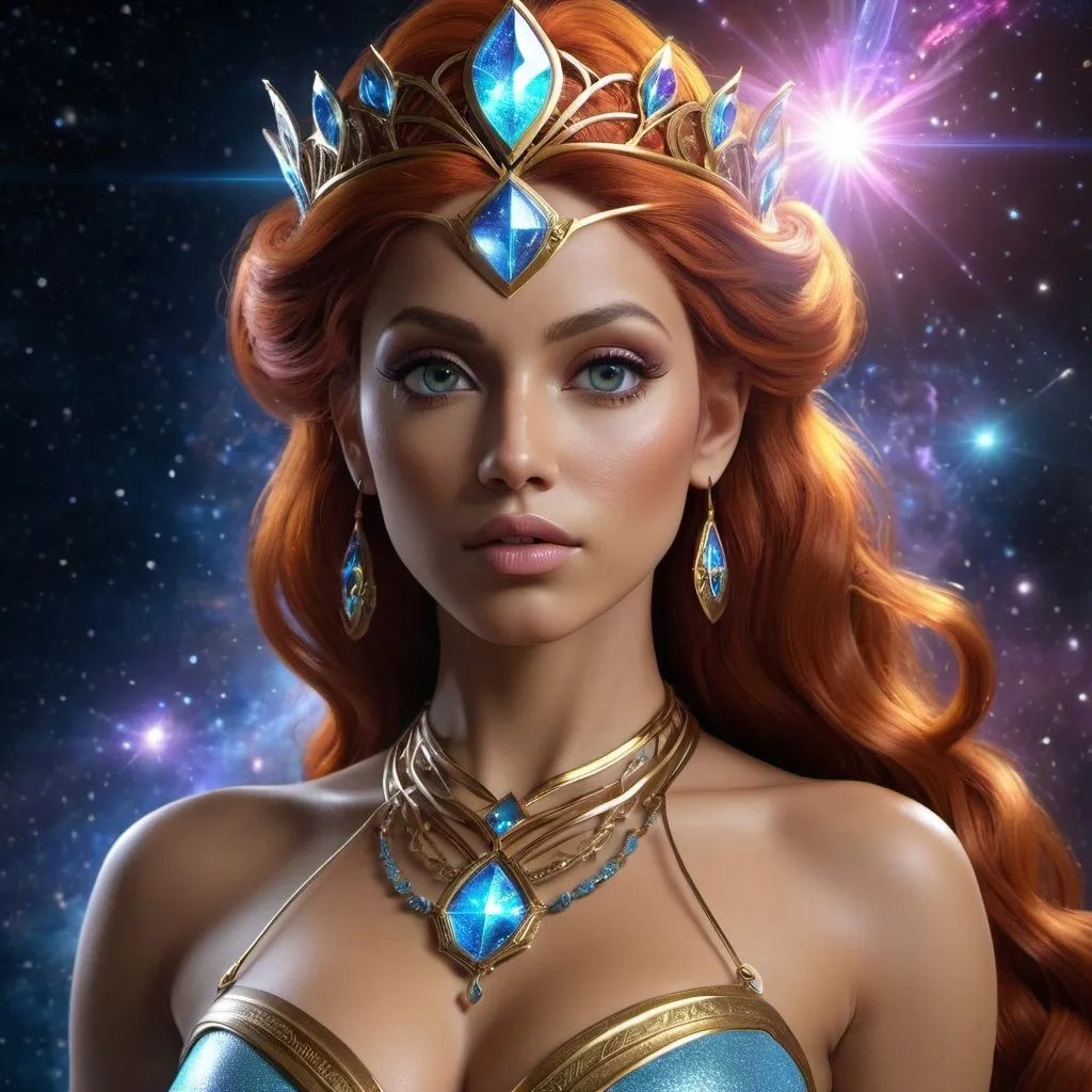 Prompt: HD 4k 3D, hyper realistic, professional modeling, enchanted Cosmic Princess - Starfire, strong, beautiful, magical, superpowers, outer space, detailed, elegant, ethereal, mythical, Greek goddess, surreal lighting, majestic, goddesslike aura