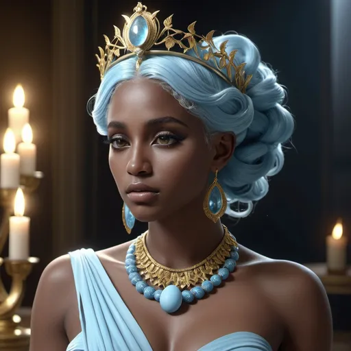 Prompt: HD 4k 3D, hyper realistic, professional modeling, ethereal Greek Muse of Origins, pale blue hair, dark skin, gorgeous face, grecian gown, simple jewelry and tiara, full body, embodiment of youth, hatching from an egg, beautiful form, enchantress, detailed, elegant, ethereal, mythical, Greek, goddess, surreal lighting, majestic, goddesslike aura