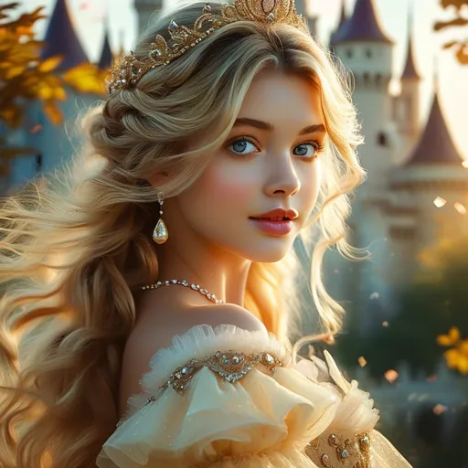 Prompt: Cinderella,  French Fairytale Castle, twilight magic, French ballgown, pre-Raphaelite time-lapse motion blur, High resolution, detailed portrait, ethereal atmosphere,  blonde flowing hair, light skin, beautiful features,  captivating blue eyes, cosmic mystical aura, vibrant colors, soft lighting, professional, digital painting, enchanting presence, fantasy, dreamy, female, mystical, detailed hair, captivating gaze, professional lighting, hyper realistic, HD 4k 3D, professional modeling, ethereal, gorgeous face, ambient divine glow, detailed and intricate, elegant, ethereal, mythical, goddess, radiant lighting,