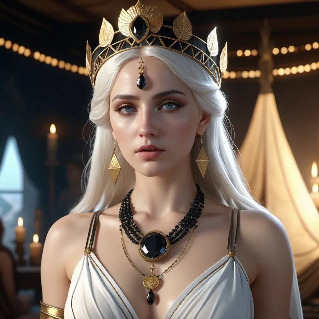 Prompt: HD 4k 3D, 8k, hyper realistic, professional modeling, ethereal Greek Goddess Briseis, white hair, pale skin, gorgeous glowing face, slavegirl outfit, black gemstone jewelry and diadem, concubine, ancient tent, surrounded by ambient divinity glow, detailed, elegant, mythical, surreal dramatic lighting, majestic, goddesslike aura