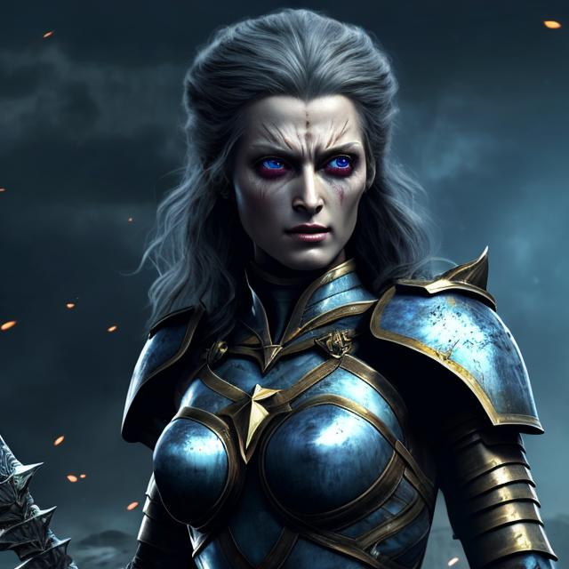 Prompt: HD 4k 3D 8k professional modeling photo hyper realistic beautiful frail demon woman ethereal greek goddess of retreat
dark blue hair updo yellow eyes gorgeous face pale skin tattered armor with shield and white flag full body surrounded by ambient glow hd landscape background retreating from battle 
