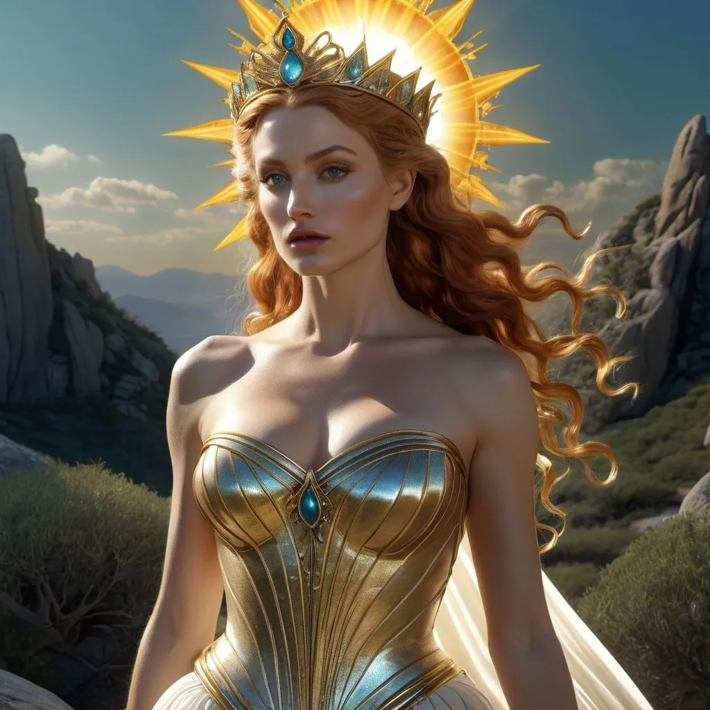 Prompt: HD 4k 3D 8k professional modeling photo hyper realistic beautiful woman enchanted, Oz Princess Peg Amy, revealed to be the long-lost princess of Sun Top Mountain. After being freed from her enchantment, Peg Amy rules Sun Top Mountain, ethereal greek goddess, full body surrounded by ambient glow, magical, highly detailed, intricate, outdoor  landscape, high fantasy background, elegant, mythical, surreal lighting, majestic, goddesslike aura, Annie Leibovitz style 