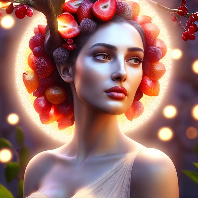 Prompt: HD 4k 3D, hyper realistic, professional modeling, ethereal  Greek goddess of fruit trees, white pulled back hair, fair skin, gorgeous face, gorgeous fruit tree dress, tree jewelry and fruit crown, full body, ambient glow, fruit tree nymph, landscape, detailed, elegant, ethereal, mythical, Greek, goddess, surreal lighting, majestic, goddesslike aura