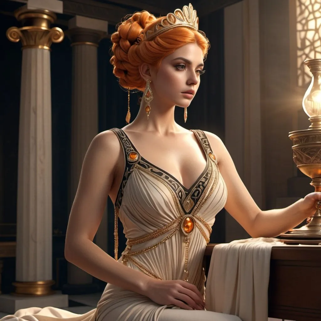 Prompt: HD 4k 3D, hyper realistic, professional modeling, ethereal Greek Goddess of Sewing, orange topsy tail hair, beige skin, gorgeous face, grecian embroidered gown, black pearl jewelry and tiara, full body, seamstress, sews fates, in a tower, spindle, detailed, elegant, ethereal, mythical, Greek, goddess, surreal lighting, majestic, goddesslike aura