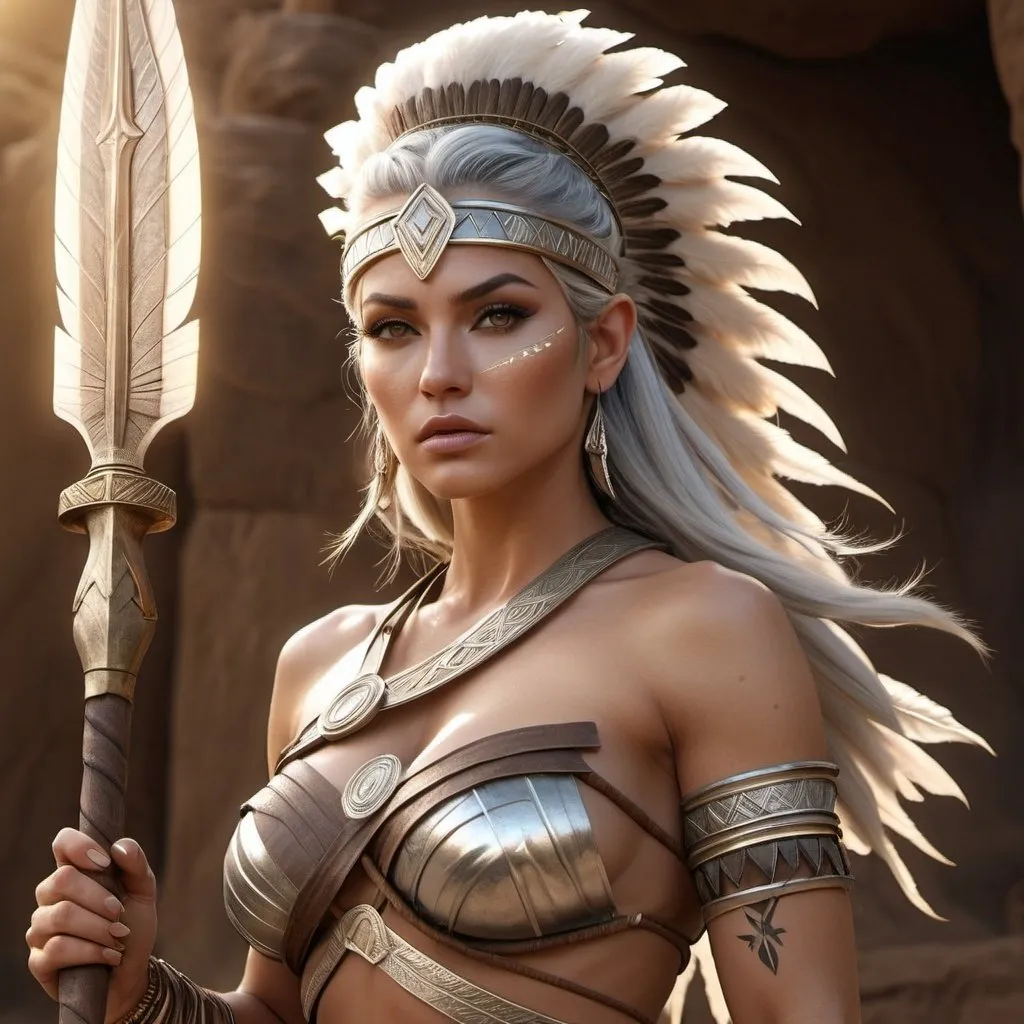 Prompt: HD 4k 3D, 8k, hyper realistic, professional modeling, ethereal Greek Goddess and Amazonian Warrior, silver hair, beige skin, gorgeous glowing face, Amazonian Warrior fur armor, brown jewelry and headpiece, Amazon warrior, tattoos, full body, carrying spear, desert, fierce barbarian, surrounded by ambient divine glow, detailed, elegant, mythical, surreal dramatic lighting, majestic, goddesslike aura