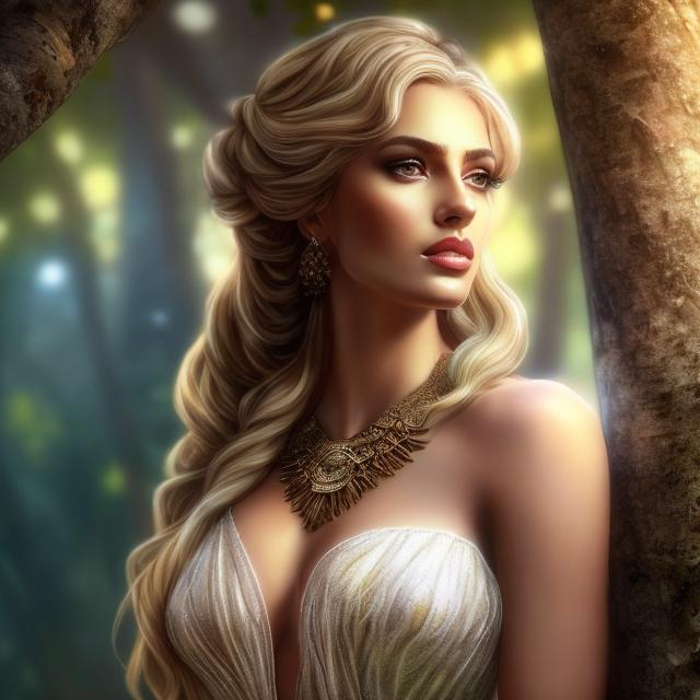 Prompt: HD 4k 3D, hyper realistic, professional modeling, ethereal Greek goddess of laurel trees, blonde hair, black skin, gorgeous face, gorgeous laurel dress, rustic jewelry and rustic diadem, full body, ambient glow, laurel tree nymph, landscape, detailed, elegant, ethereal, mythical, Greek, goddess, surreal lighting, majestic, goddesslike aura