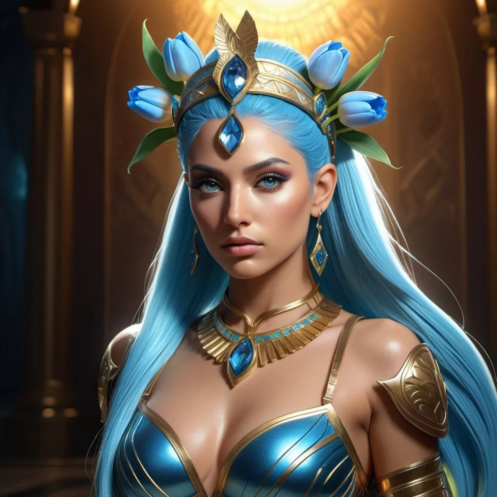 Prompt: HD 4k 3D, 8k, hyper realistic, professional modeling, ethereal Greek Goddess and Amazonian Warrior, blue ponytail hair, beige skin, gorgeous glowing face, Amazonian Warrior armor, alexandrite jewelry and headpiece, Amazon warrior, full body, adorned with tulip flowers, prowess, strength, and force, surrounded by ambient divine glow, detailed, elegant, mythical, surreal dramatic lighting, majestic, goddesslike aura