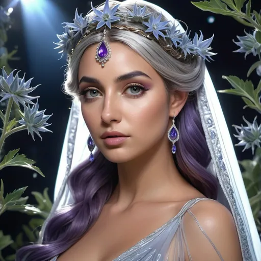 Prompt: HD 4k 3D, 8k, hyper realistic, professional modeling, ethereal Greek Goddess and first woman Pandora, purple half up twist hair, olive skin, gorgeous glowing face, silvery gown, embroidered veil, blue jewelry and garland and silver headband, wild and lush vegetation, pandora's box, sea holly flowers, surrounded by ambient divinity glow, detailed, elegant, mythical, surreal dramatic lighting, majestic, goddesslike aura