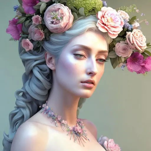 Prompt: HD 4k 3D, hyper realistic, professional modeling, ethereal Greek goddess of spring, pastel pink hair, pale skin, gorgeous face, floral embroidered gown, pastel jewelry and floral crown, full body, embodiment of Springtime, lush greenery, vegetation, and flora, detailed, elegant, ethereal, mythical, Greek, goddess, surreal lighting, majestic, goddesslike aura