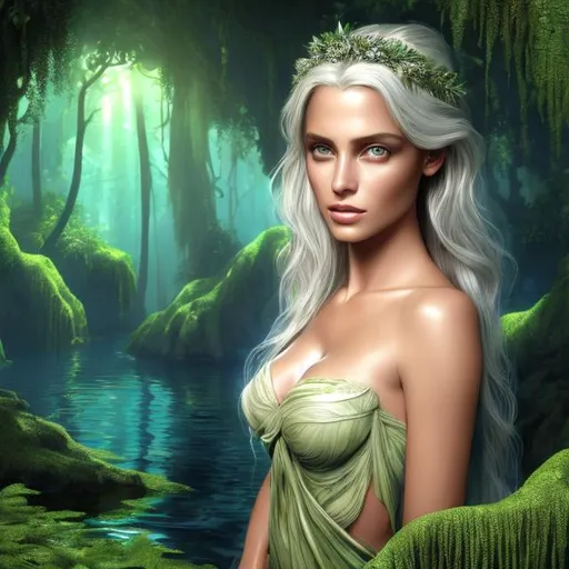 Prompt: HD 4k 3D 8k professional modeling photo hyper realistic beautiful young nymph woman ethereal greek goddess of the underworld
platinum blonde hair brown eyes olive freckled skin gorgeous face  grecian dress made from nature foliage green jewelry foliage tiara surrounded by ambient glow hd landscape background underworld cavern in a swamp

