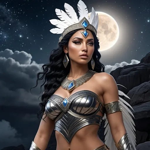 Prompt: HD 4k 3D, 8k, hyper realistic, professional modeling, ethereal Greek Goddess and Amazonian Warrior, black hair, mixed skin, gorgeous glowing face, Amazonian Warrior armor, silver hematite jewelry and crown, Amazon warrior, tattoos, full body, mountain top starry sky, adorned with black feathers, strong, surrounded by ambient divine glow, detailed, elegant, mythical, surreal dramatic lighting, majestic, goddesslike aura