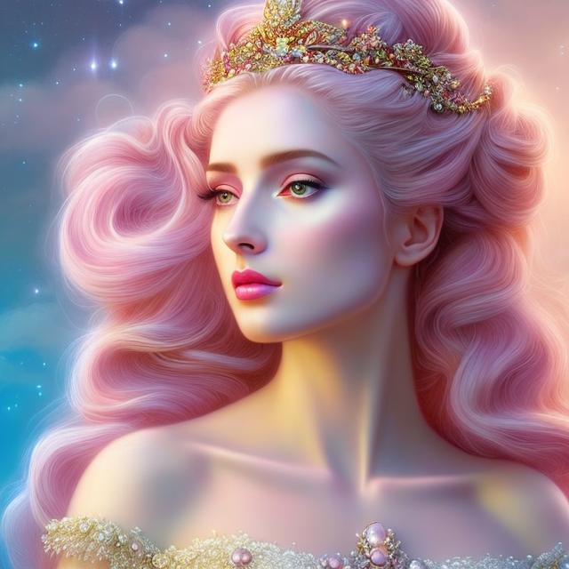 Prompt: HD 4k 3D, hyper realistic, professional modeling, ethereal Greek goddess of the Clouds, pink hair in double buns, gorgeous face, pale skin, gorgeous pastel gown, gemstone jewelry and tiara, pixie wings, full body, ambient glow, sitting in the colorful clouds, dazzling light, landscape, detailed, elegant, ethereal, mythical, Greek, goddess, surreal lighting, majestic, goddesslike aura