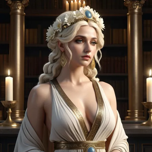 Prompt: HD 4k 3D, hyper realistic, professional modeling, ethereal Greek Muse of Knowledge, ivory hair, beige skin, gorgeous face, grecian embellished robes, opal jewelry and diadem, full body, dark academia, ancient library, wise, candles and black dahlias, detailed, elegant, ethereal, mythical, Greek, goddess, surreal lighting, majestic, goddesslike aura