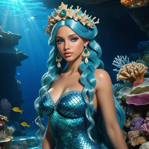 Prompt: HD 4k 3D, hyper realistic, professional modeling, ethereal Greek Goddess and Mermaid Princess, blue double ponytail hair, mixed skin, gorgeous face, beautiful mermaid, fluorite jewelry and coral crown, full body, sea nymph, Mediterranean ocean grotto , divine glow, detailed, elegant, ethereal, mythical, Greek, goddess, surreal lighting, majestic, goddesslike aura