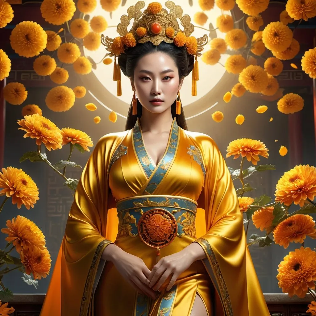 Prompt: HD 4k 3D 8k professional modeling photo hyper realistic beautiful woman enchanted ancient China Dynasty Princess Empress Phoenix, ethereal greek goddess, full body surrounded by ambient glow, magical, highly detailed, intricate, Qi dynasty, yellow gold and orange chrysanthemums, outdoor landscape, highly realistic woman, high fantasy background, elegant, mythical, surreal lighting, majestic, goddesslike aura, Annie Leibovitz style 

