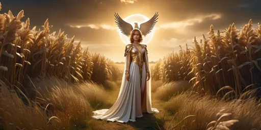 Prompt: Freja Norse Goddess of Love, beauty and gold,  hyperrealistic, HD 4k 3D 8k professional modeling photo, beautiful mixed tone maiden, enchanted, lady wears a feathered cloak and a beautiful necklace, surrounded by ambient glow in heavenly field, magical, highly detailed, intricate, mythical background, elegant, surreal lighting, majestic, goddesslike aura