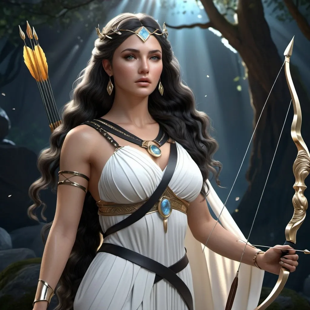 Prompt: HD 4k 3D, 8k, hyper realistic, professional modeling, ethereal Greek Goddess Heroine Atalanta, long black flowing hair, white skin, gorgeous glowing face, huntress tunic, gray gemstone jewelry and tiara, bow and arrows, bear companion, wilderness, surrounded by ambient divinity glow, detailed, elegant, mythical, surreal dramatic lighting, majestic, goddesslike aura