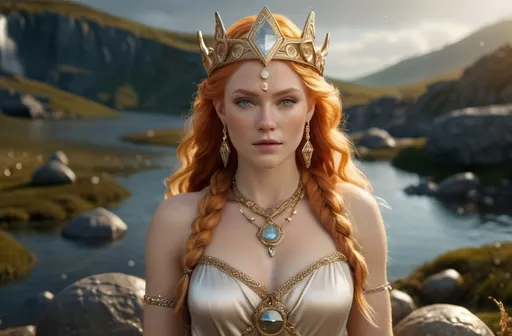 Prompt: Gersemi Norse Goddess of Treasure,  hyper realistic, HD 4k 3D, professional modeling, ethereal, light orange hair, beige freckled skin, gorgeous face, gorgeous jewelry and diadem, full body, surrounded by treasure and precious gems, ambient glow, landscape, detailed, elegant, ethereal, mythical, goddess, surreal lighting, majestic, goddesslike aura, Norse Mythology