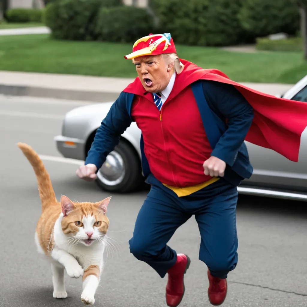 Prompt: SUPER MAN AND A CAT CHASING DONALD TRUMP