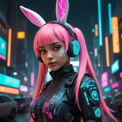 Prompt: In the whimsical world of the future, a delightful Cyberpunk NFT unveils an adorable bunny girl with a lively spirit and a touch of futuristic charm. Dressed in a cybernetically enhanced bunny suit, she captures the essence of both playfulness and technological innovation.

The bunny girl's attire is a modern twist on the classic bunny suit, featuring sleek materials interwoven with holographic accents. Twin tails of vibrant, neon-colored hair cascade down her back, adding a playful touch to her ensemble. The suit is adorned with digital patterns that shimmer and dance in the ambient glow of the cyberpunk city.

Her large, expressive eyes radiate curiosity and innocence, while augmented reality enhancements create a subtle aura of enchantment around her. Cybernetic bunny ears atop her head twitch with lifelike energy, responding to the surrounding sounds and stimuli. A pair of high-tech gloves and boots complete the ensemble, enhancing both style and functionality.

In one hand, she holds a holographic interface device shaped like a carrot, a nod to the whimsy of her character. The holographic display projects a myriad of colorful symbols and playful animations, adding a touch of technological magic to the scene.

This Cyberpunk NFT transports collectors to a future where cuteness meets innovation, presenting a charming vision of a bunny girl navigating the neon-lit streets with a combination of innocence and high-tech flair. The fusion of the adorable and the futuristic creates a unique and captivating character in the cyberpunk landscape