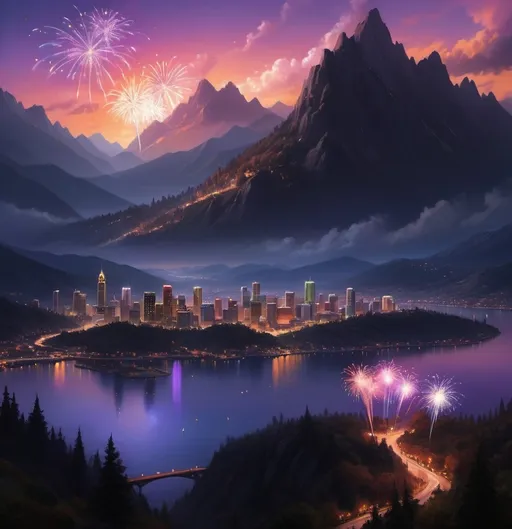 Prompt: a beautiful view of a city with fireworks in the sky and mountains in the background at night time with a lot of colorful lights, purple and orange and red sunset with goofy clouds, Chris LaBrooy, fantasy art, kinkade, a detailed matte painting