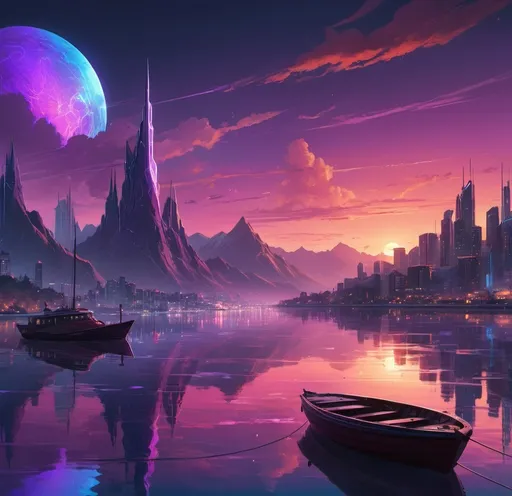 Prompt: a painting of a city with a purple, red, and blue sunset in the background and a boat in the foreground with a city in the distance, body of water reflecting mountains that line the back, Anton Fadeev, space art, league of legends concept art, a detailed matte painting