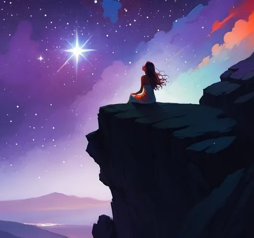 Prompt: a woman with long hair sitting on a cliff looking at the stars in the sky above her head and a blue and red and green and orange but mostly purple background, Cyril Rolando, space art, cosmic, a storybook illustration, beautiful, sparkly 