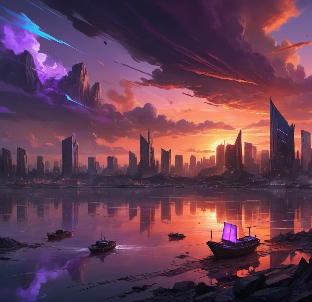 Prompt: a painting of a city with a orange and red sunset with streaks of purple and blue clouds in the background and a boat in the foreground with a destroyed city in the distance with jagged rocks all over, Anton Fadeev, space art, league of legends concept art, a detailed matte painting