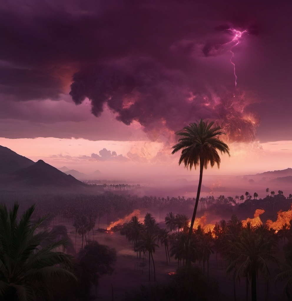 Prompt: a purple sky with a lot of smoke and trees in it with one large palm tree at the middle of the right side and a sparky fireball in the distance with a lot of smoke and trees in the foreground, Chris LaBrooy, neo-primitivism, matte painting concept art, a matte painting, not realism