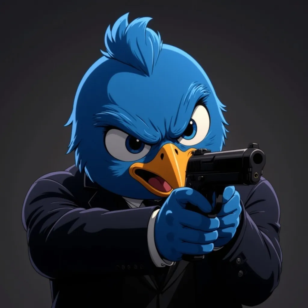 Prompt: Create a high-quality, cinematic 3D render of Krett, a muscular humanoid with a blue bird head, in an intense action scene where he is aiming a gun at Pepe the Frog. Krett’s expression is focused and determined, with his intense eyes narrowed and his beak clenched in concentration. He’s wearing a sleek, dark suit that contrasts with his blue bird-like face, adding to the dramatic atmosphere.