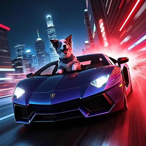 Prompt: Zimmy (dynamic pose) in the driver seat of a sleek Lamborghini, racing down a neon-lit night city street, intense hot pursuit chase, (animated) action style poster, vibrant red color splashes, dramatic city skyline in the background, (high-energy atmosphere), motion graphics, ultra-detailed, cinematic composition, emphasizing speed and excitement.