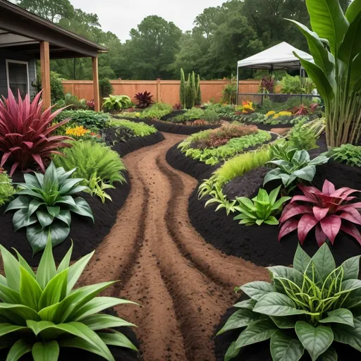 Prompt: an intricate outdoor  3 acre compost and mulch farm scene showcasing vibrant compost, rich mulch, healthy soil textures, biochar piles, green snake plants , English ivy, aloe Vera, spider, and rubber plants, vivid colors, geometric shapes, high contrast, strong lines, (dynamic composition), natural elements harmoniously blended, overall atmosphere of growth and sustainability, flourishing plants, welcoming and engaged environment, ultra-detailed, high resolution.