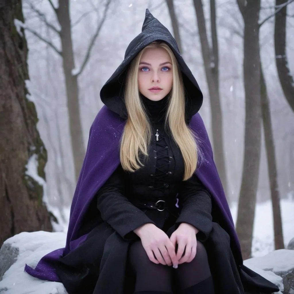 Prompt: Young witch, intense and deep gaze with blonde hair and shiny eyes . one yes is iced colored, the other purple, wearing beautiful black coat, she looks really dangerous sitting on a snowy rock in the woods, full mantle with a cap, snowy day, lantern beside her,  detailed eyes, mysterious, fantasy, snowy landscape, magical, atmospheric 