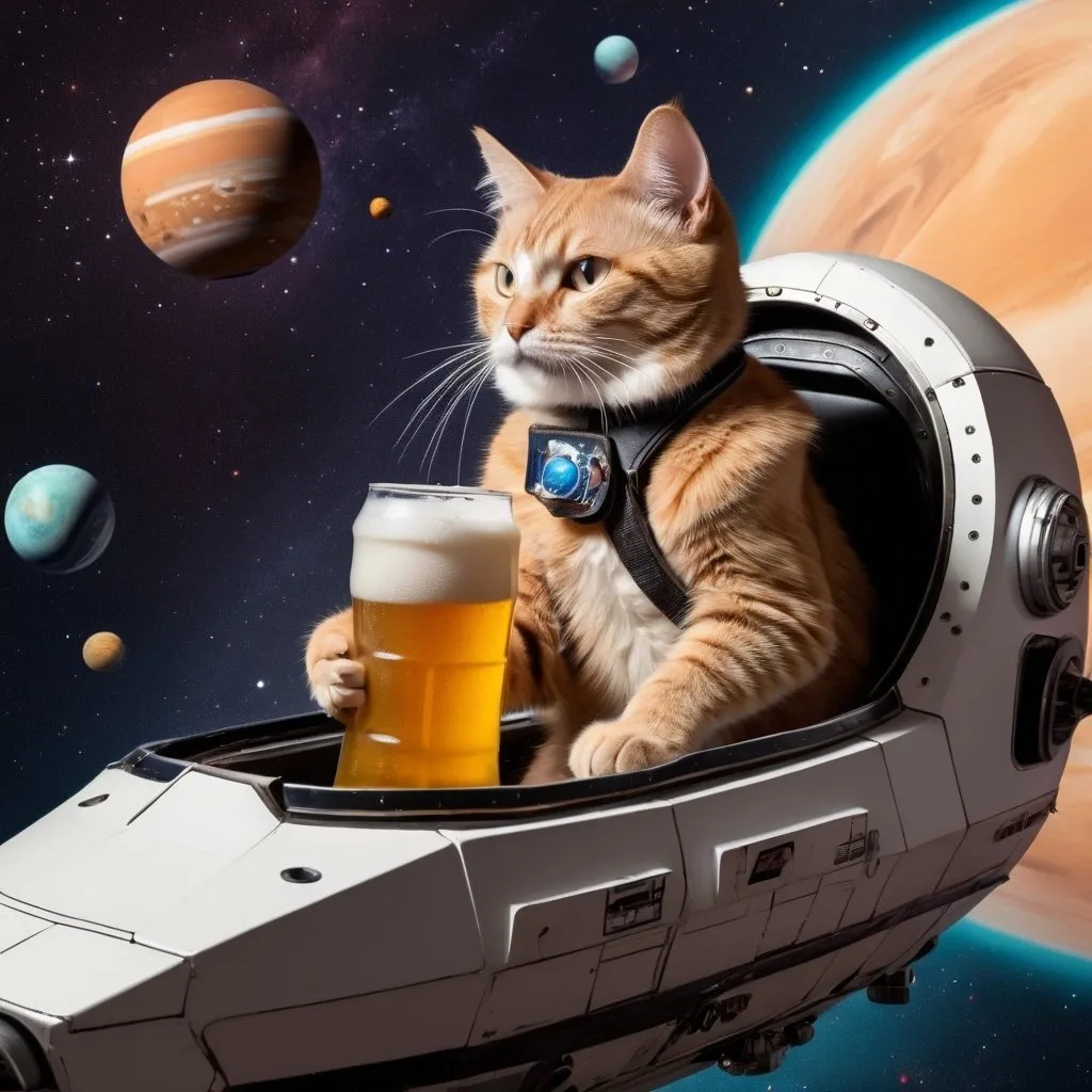 Prompt: a cat driving an spacecraft in a universe made of candi, and a planet is pissing and drinking beer