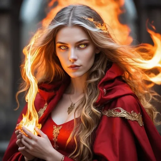 Prompt: a mage a woman, tall and beautyfull with yellow eyes. wavy long hair. she is dressed in a flaming red mantle