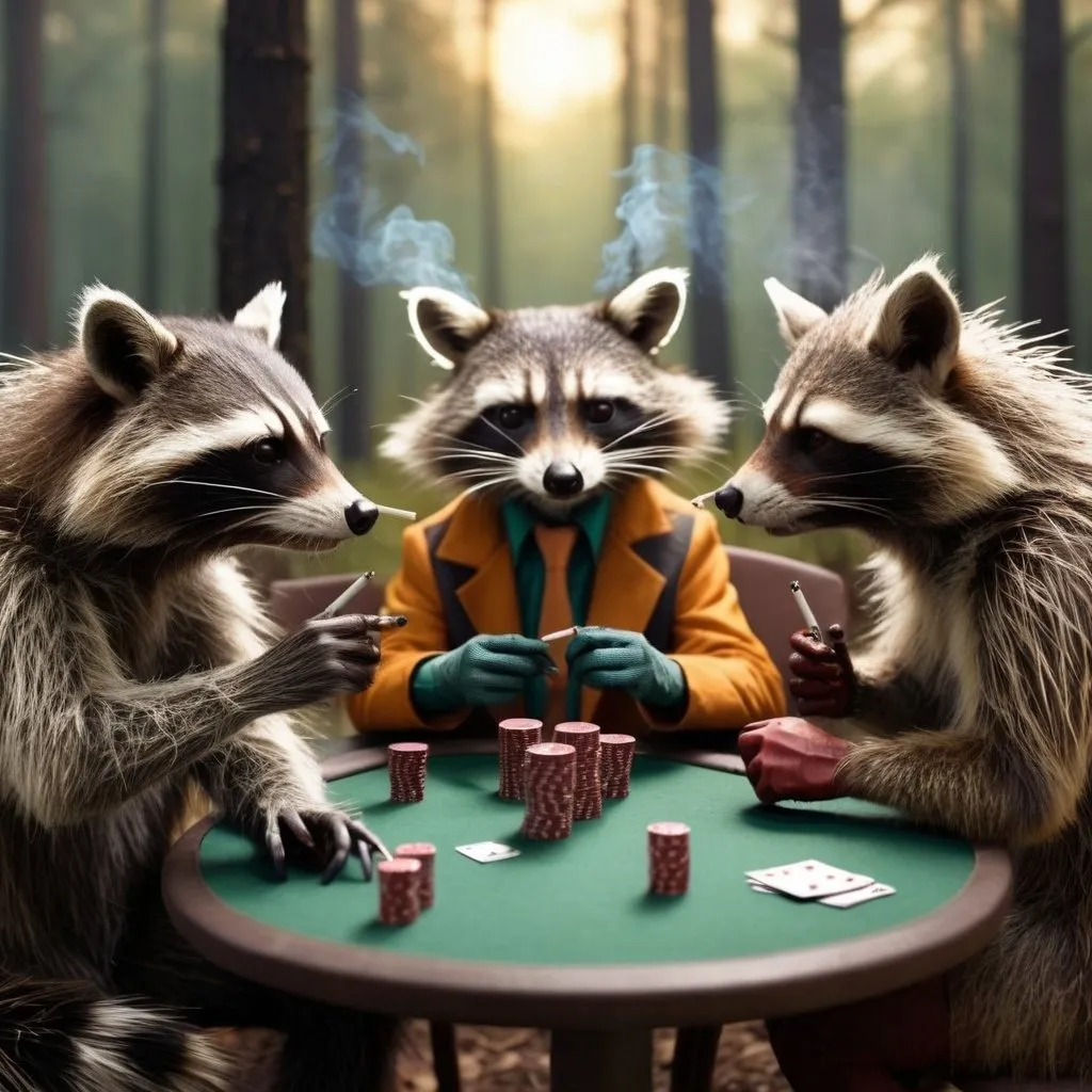 Prompt: two racoon fighting each other but in the background a fox, a porcupine and a human guy are playing poker, smoking cigarettes while the forest is burning