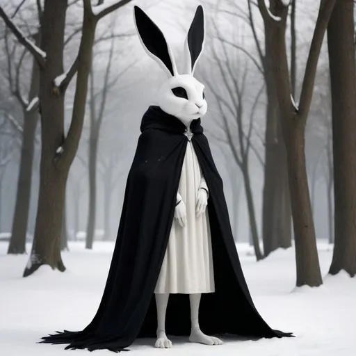 Prompt: a young humanoid creature, tall, dressed in a black mantle. he is young. he have long legs and arms. his face is white as snow, he looks harmless. his eyes and his mouth are full black. his ears are long over his head but bended in the middle like the ones form a bunny
