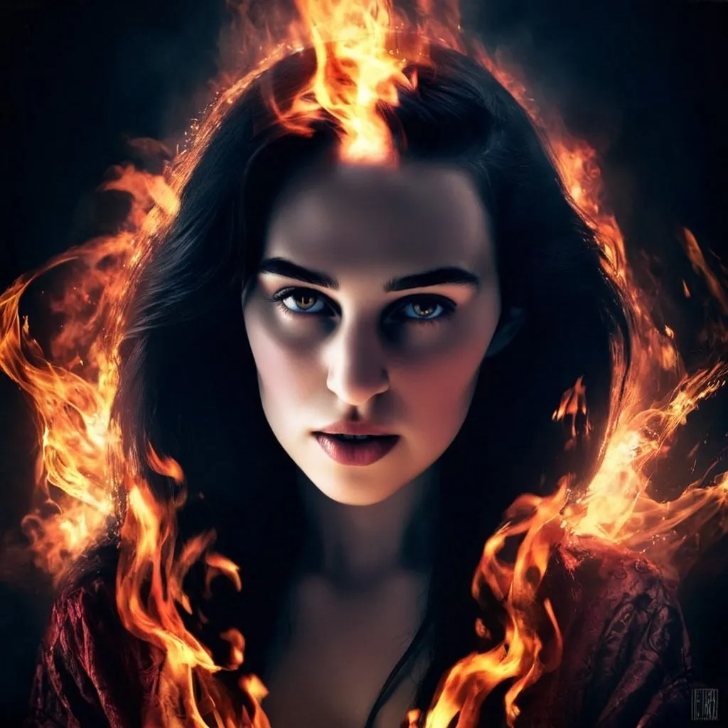 Prompt: Realistic portrayal of a young woman with black hair, enchanting and ethereal, necromancer, mesmerizing flames in her eyes, intricate details, lifelike realism, dark and mysterious, intense gaze, mystical and otherworldly, best quality, highres, ultra-detailed, realism, necromancer, black hair, mesmerizing flames, intense gaze, dark and mysterious, ethereal beauty, lifelike, realistic, mysterious lighting