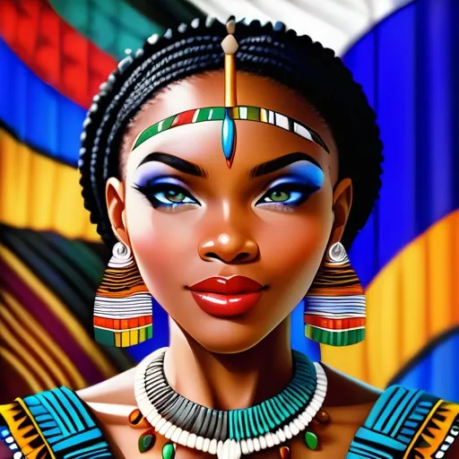 Prompt: Vibrant digital illustration of Thato Mankane Ranyere, bold and expressive features, detailed traditional attire, rich and colorful traditional patterns, high quality, digital painting, African cultural, intricate beadwork, jubilant celebration, dynamic lighting, warm tones, cultural pride