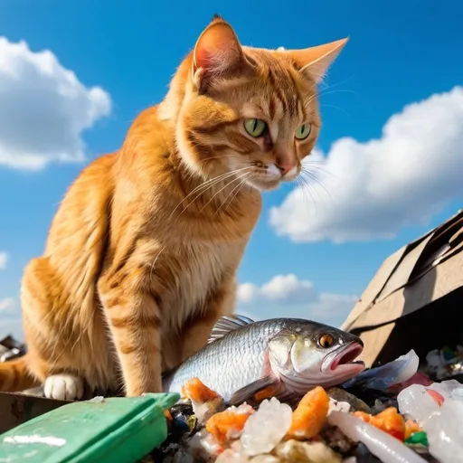 Prompt: a cat is eating fish , ally , garbage , bright colors , sky , 