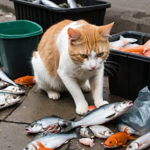 Prompt: a cat is eating fish , ally , garbage , 