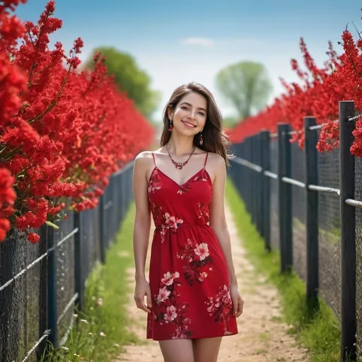 Prompt: High resolution, art photography, dark colors, beautiful calm place, peaceful, woman enjoying nature, modeling pose, spring season, blooming flowers, woman in red mini dress, smiling, standing near  a fence, blue sky, trees, earrings, necklace, detailed, serene atmosphere, professional lighting