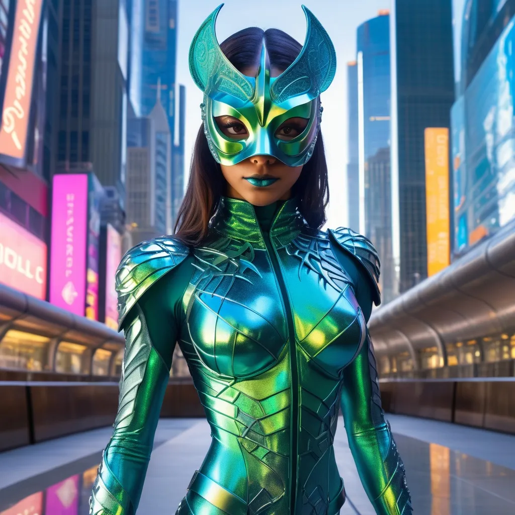 Prompt: A superheroine in a reflective, chameleon-like costume, standing in a futuristic cityscape. She wears a full-face masquerade mask with intricate carvings. The costume has a sleek, form-fitting silhouette and hidden pockets. Inspired by chameleons and mirrors.