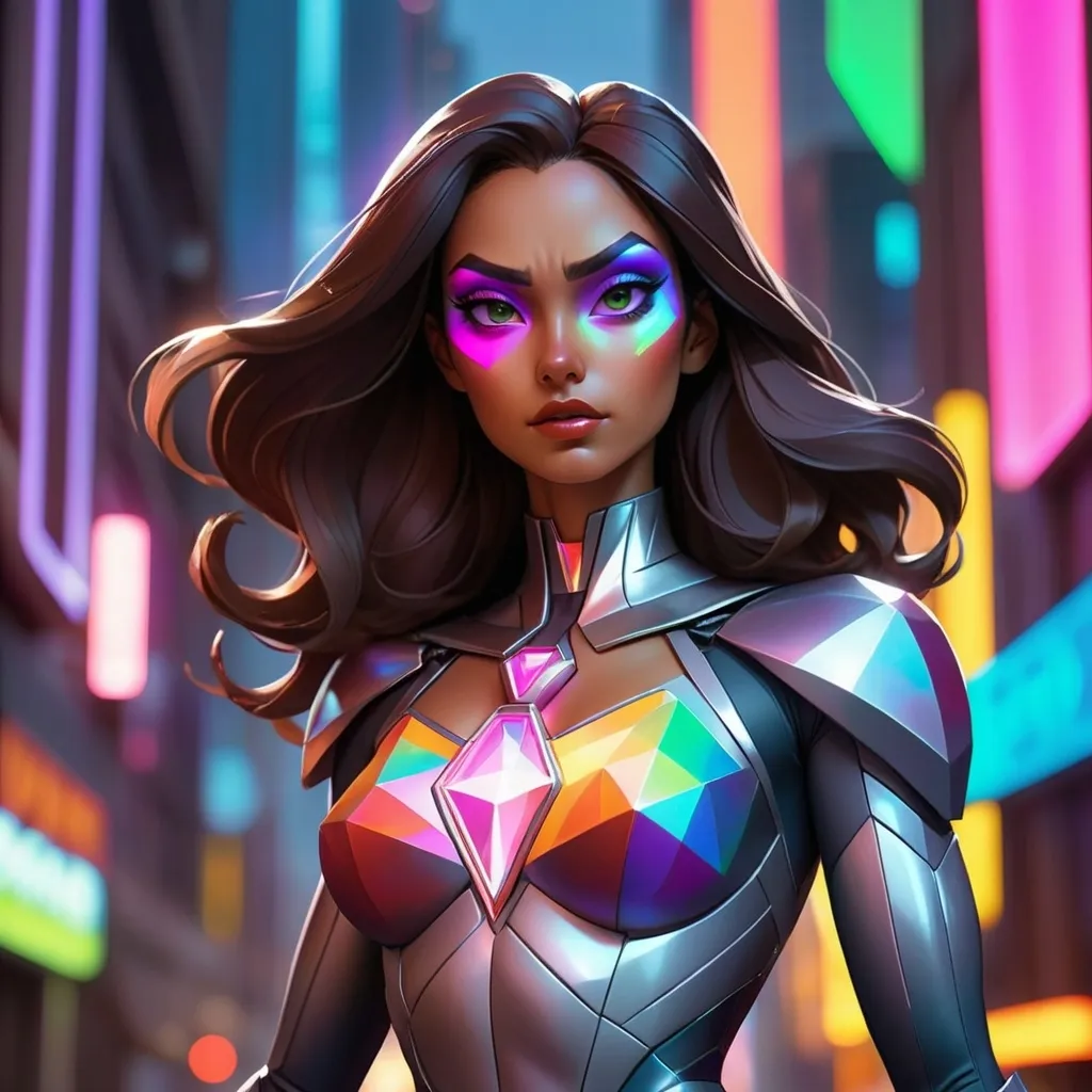 Prompt: A superheroine named Prisma in a costume that shifts and changes color based on her mood or the powers she's mimicking. She wears a prism-shaped pendant. The costume is sleek, form-fitting, and has a futuristic aesthetic. She stands in a futuristic cityscape, surrounded by holographic projections and neon lights.