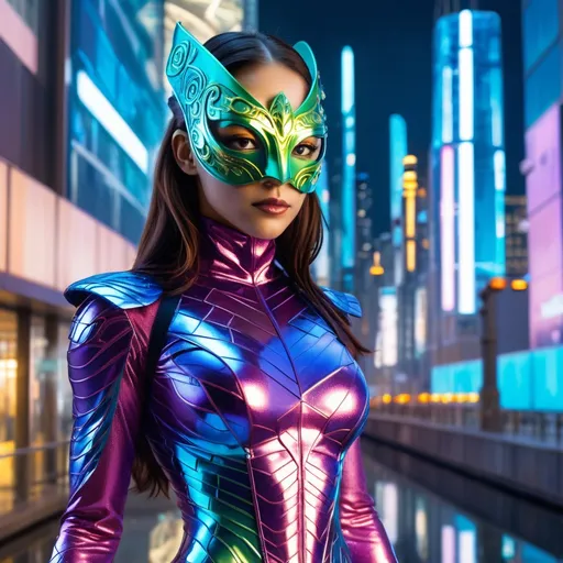 Prompt: A superheroine in a reflective, chameleon-like costume, standing in a futuristic cityscape. She wears a full-face masquerade mask with intricate carvings. The costume has a sleek, form-fitting silhouette and hidden pockets. Inspired by chameleons and mirrors.